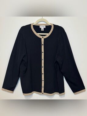 Rena Rowan Black Silk Blend Button-Front Long Sleeve Cardigan Tan Trim Size 2X
